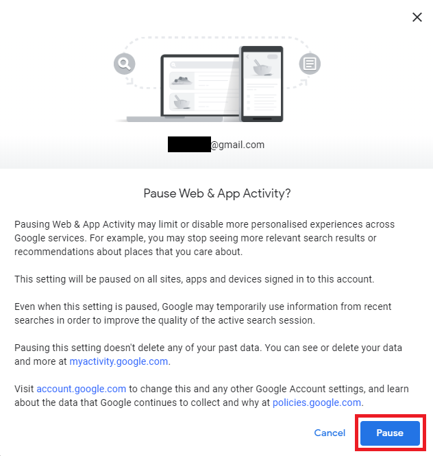 pause web and app activity